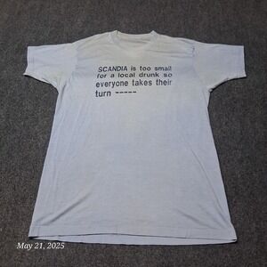 Vintage Scandia Too Small Drunk Town T Shirt Size Large Blue Single Stitch